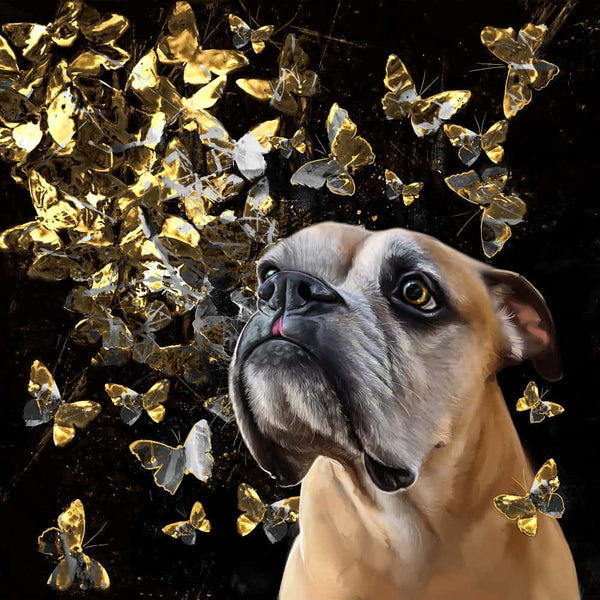 Handgemaltes Haustierportrait als Acrylblock im Butterfly Stil