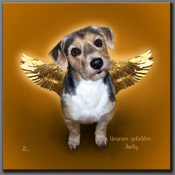 Handgemaltes Haustierportrait auf Premium Leinwand im Engel Stil