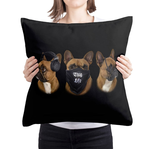 Handgemaltes Haustierportrait auf Premium Kuschelkissen im Drei Affen Stil