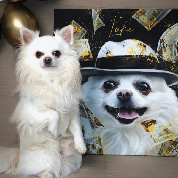 Handgemaltes Haustierportrait auf hochwertiger Tasse im Mafia Stil