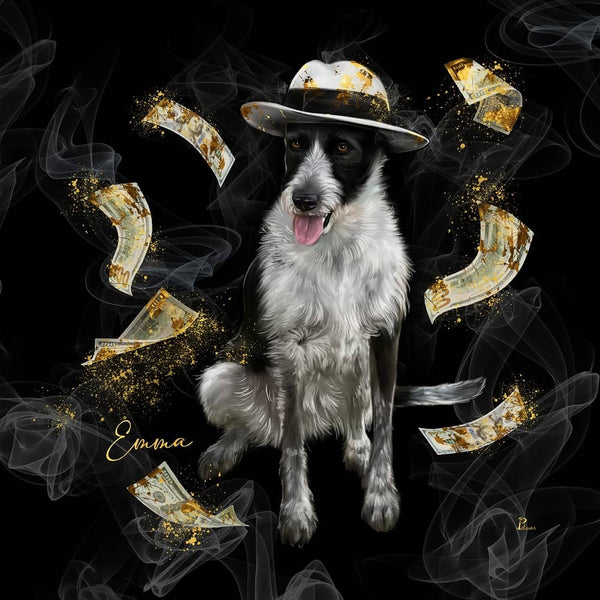 Handgemaltes Haustierportrait auf Premium Kuschelkissen im Mafia Stil